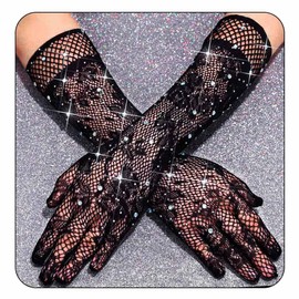 CASDRE Sparkly Rhinestone Fishnet Gloves Long Lace Elbow Length Arm Sleeves Mesh Prom Costume Glove for Women (Black, One Size)