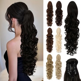 Cephermer Ponytail Extension, 24" Claw Clip in Ponytail Extensions Long Curly Wavy Ponytails Hair Extension Jaw Clip on Pony Tails Hairpiece for Women Dark Brown