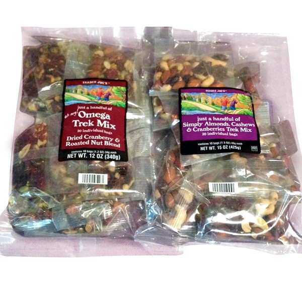 Omega Trek Mix & Just a handful Simply Almonds - Cashews 15 oz - Cranberries 12 oz. each in individual pouches (20 bags) 2 Items