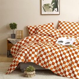 Houseri Burnt Orange Grid Comforter Set King White and Caramel Plaid Bedding Comforter Sets for Women Men Rust Orange Buffalo Checkered Bed Quilt Soft Comfy Chic Cinnamon Gingham Comforters King Size