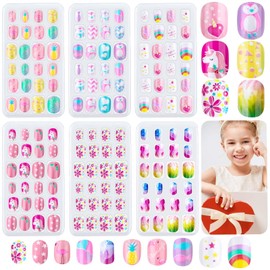 144 Pieces Press on Nails Grils, Thrilez Children Fake Artificial False Nail Tips Pre Glue Full Cover Short Acrylic Nails for Girls Kids Nail Art Decoration (Rainbow Sky)