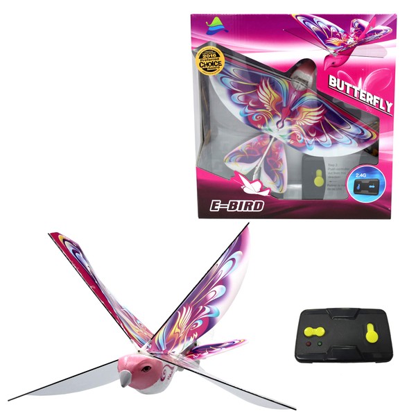 eBird Pink Butterfly - Flying RC Bird Drone Toy for Kids. Indoor / Outdoor Remote Control Bionic Flapping Wings Bird Helicopter. USB Recharging. Creative Child Preferred Choice Award Winner