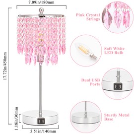 Pink Crystal Lamps, Touch Control Crystal Table Lamp with Dual USB Charging Ports, 3 Way Dimmable Bedside Lamp Decorative Nightstand Lamp for Girls Bedroom, Living Room, B11 LED Bulb Included