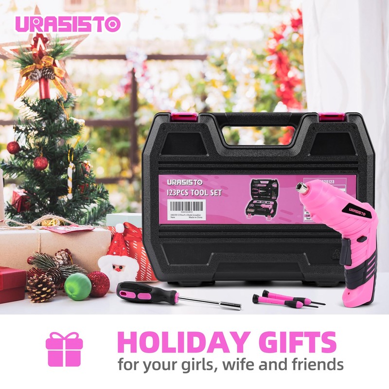 URASISTO 123 Piece Pink Household Tool Set with 3.6V USB