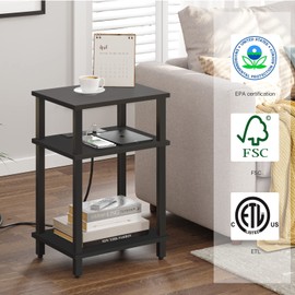 TUTOTAK End Table with Charging Station, Side Table with USB Ports and Outlets, Nightstand, 3-Tier Storage Shelf, Sofa Table for Small Space TB01BK042