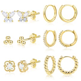 ALEXCRAFT - Juego de aretes de aro pequeños de oro para mujer con diamantes pavimentados de oro con poste de plata de ley, Latón, No es una piedra preciosa