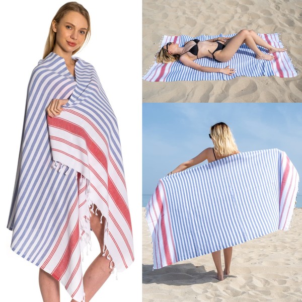 DEMMEX 100% Turkish Cotton Beach Towel - Oversized, Quick Dry, Sand Free, Compact, Thin, Lightweight - Turkish Hammam Peshtemal Beach Towel Blanket, Made in Turkey, Prewashed, 180x90cm (Navy-Red)