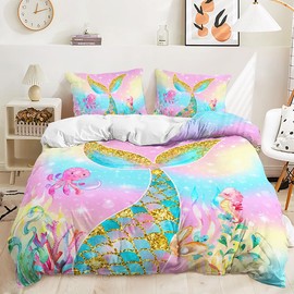 HAVOP Mermaid Tail Duvet Cover Set Double Size Girls Bedding Set Pink Sparkle Quilt Cover Set Soft Microfiber Comforter Cover Set With Pillowcases Kids Girls Bedding Set