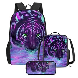 Cumagical Kids Backpack Purple Tiger Print Lightweight Daypack Set 3 Pieces with Lunch Bag Pencil Case for Kids Girls Boys