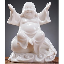 QINLANG Small Ceramic White Laughing Buddha Statue for Good Luck, Lucky Happy Buddha Statue Sitting on Money Bag for Good Luck and Prosperity