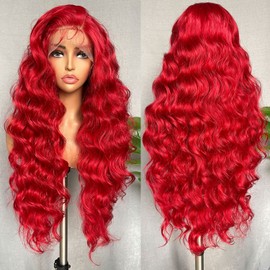SOKU Red Lace Frontal Wig 32 Inch Long 13x4 Lace Front Body Wave Pre Plucked with Baby Hair Glueless Transparent Swiss Lace Heat Resistant Synthetic Lace Front Wigs for Black Women