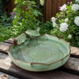 XIYOUQI Ceramic Bird Bath Bowl for Outside – 9.8" Green Heavy Duty Bird Bath Bowl Only, Ground Bird Feeders and Water Dish for Birds, Garden, Patio, Deck, Balcony, or Lawn Decoration