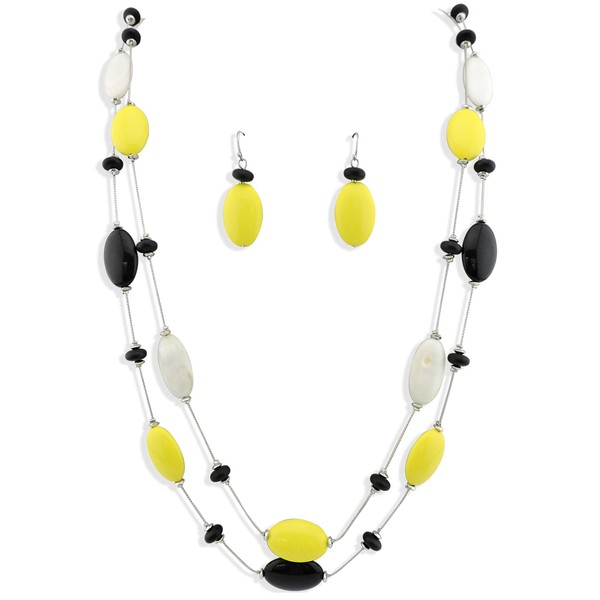 Firstmeet 2 Layer Acrylic Beads Long Statement Necklace With Earrings(XL-1086-yellow)