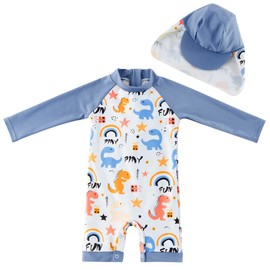 Infant Boy UPF 50+ Sun Protection One Piece Rashguard Swimsuit with Hat ， Grey Dinosaur,0-3 Months