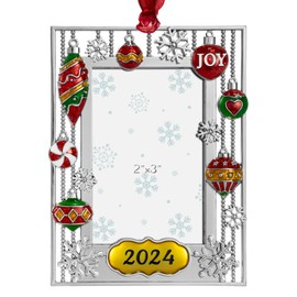Mulumu 2024 Christmas Tree Snowman Ornament Picture Frame Metal Hanging Pendant Holiday 2x3 Photo Frame Charm Decorative of Pets, Baby First Christmas, Family (2024 Joy)