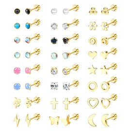LOLIAS 24 Pairs 20G Flat Back Earrings Surgical Steel Screw Back Stud Earrings Tiny CZ Opal Moonstone Turquoise Ball Star Heart Pearl Flower Small Earrings Tiny Silver Stud Earrings for Women Girls
