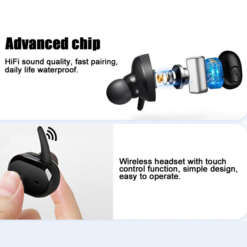 TWS Mini Waterproof Bluetooth Headset Wireless Touch Control Sports Earphone