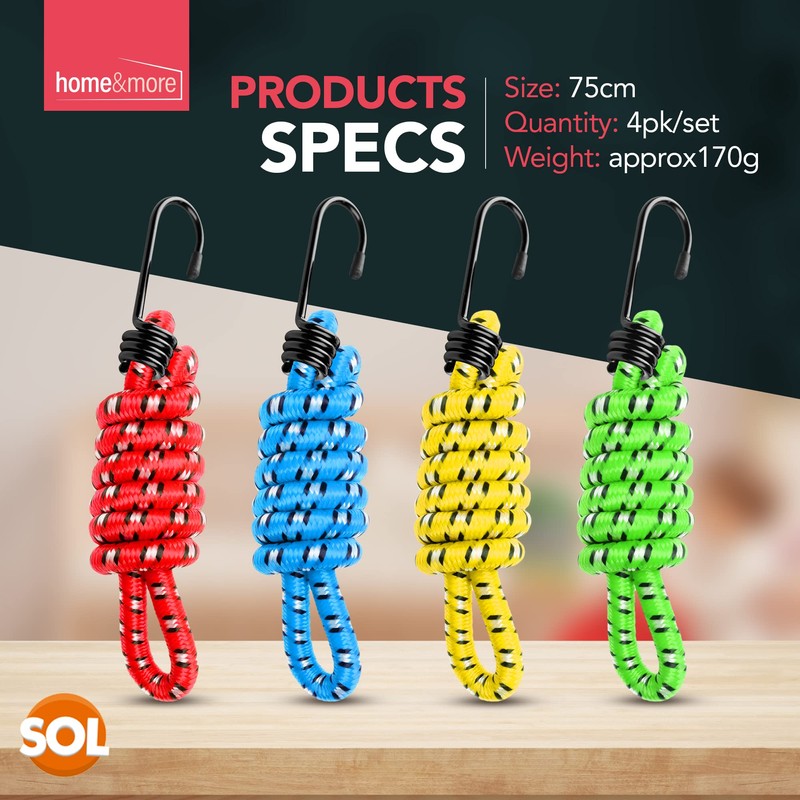 4pk 75cm Long Bungee Cords with Hooks | Strong Bungy