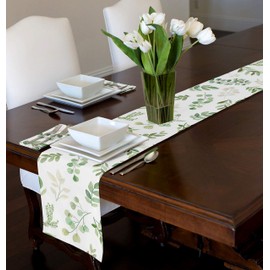 A LuxeHome Green Floral Leaf Boho Botanical Rainforest Watercolor Woodland Tropical Garden Tablerunner for Tabletop Console Dining Room Kitchen 12" x 90"