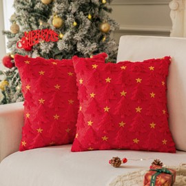 COSIBONO Red Christmas Tree Throw Pillow Covers 18"x18" with Yellow Star Shaped Farmhouse Pillow Covers for Winter Holiday Decorations, Accent Soft Faux Fur Pillow Covers for Couch Bed Room