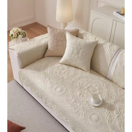 Huierxun Luxury Vintage Cotton Embroidery Sofa Cover Soft Farmhouse Seat Cushion Cover Floral Quilted Sectional Couch Cover Anti-Slip Sofa Slipcovers Furniture Protector for Dogs Cats (Beige,28"x28")