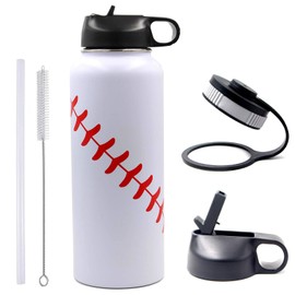 40 oz Baseball Water Bottle, Sports Flask Metal Travel Tumbler with 2 Lids 18/8 Stainless Steel Double Wall Vacuum Insulated Hot/Cold (40oz, White baseball)