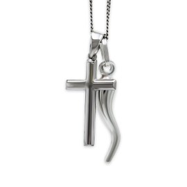 Italian Horn Charm w/Cross - 925 Sterling Silver - Cornicello Pendant - Religious Cross Pendant - 3D Double Sided Pendants - Silver Chain