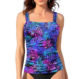 Yonique Tankini Tops for Women Swimwear Top Only Tummy Control Swim Top Modest Tank Top Bathing Suits No Bottom Blue Leaves Large