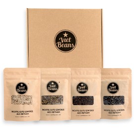 VietBeans Pepper Set Gift Set – Four Different Varieties – Black, Colourful, White and Island Pepper – Whole Peppercorns for the Pepper Mill – Gift Packaging