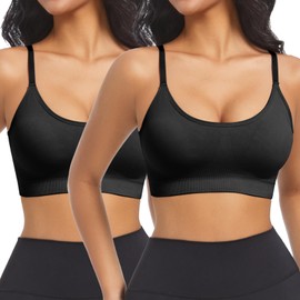 ONEW Seamless Sports Bras for Women Adjustable Spaghetti Strap Workout Bra Yoga Bra with Removable Pads,Black+Black,Medium