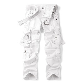 OCHENTA Men's Cotton Casual Baggy Cargo Work Travel Pants with Multi Pockets Relaxed Loose Fit White 34