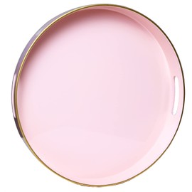 Spsyrine Round Pink Decorative Tray, 13" Plastic Serving Table Tray with Handles for Breakfast, Round Modern Ottoman Tray for Coffee Table, Bathroom, Kitchen, Living Room