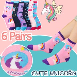 Kids Girls Cotton Socks Gift Soft Novelty Socks Cute Unicorn Pattern 6 Pairs (Animal Unicorn F, 5-8 Y)