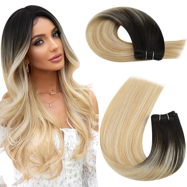 Moresoo Real Hair Weft Extensions Blonde 50 cm Sewing Hair Extensions Balayage #2/27/613 Darkest Brown to Mixed Blonde Ombre Bundle Human Hair 100 g Seamless Hair Extensions