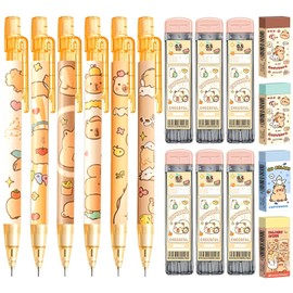 Daphilly Cute Capybara Mechanical Pencil Set,6Pcs 0.5mm Capybara Mechanical Pencils with 600PCS 0.5mm Pencil Leads,4PCS Capybara Erasers,Kawaii Cartoon Pencils for Office School Supplies