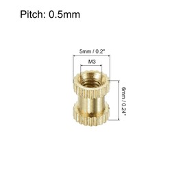 sourcing map M3 x 6mm(L) x 5mm(OD) Female Thread Brass Knurled Threaded Insert Embedment Nuts, 70Pcs