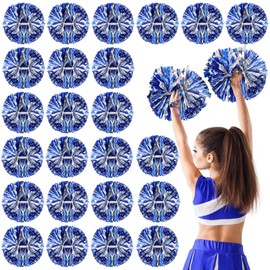 Yunsailing 24 Pack Cheerleading Pom Poms with Baton Handle 14.5 Inch Metallic Cheering Squad Pompoms for Team Sports Football Dance Cheering Adults(Blue and Silver)