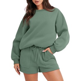 ANRABESS Women 2 Piece Outfits Sweat Shorts Sets 2025 Oversized Casual Lounge Matching Set Sweatsuit Tracksuit Fall Clothes Light Green Small