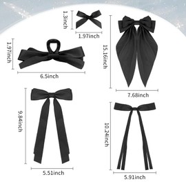 CAVETEE 14 PCS Hair Bows for Women, Black Silky Satin Bow Hair Clips with Oversized Long Tail，Variety Style Cute Barrettes Hair accessories for Women Girls