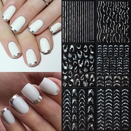 6 Sheets Silver French Tip Nail Stickers for Nail Art 3D Self-Adhesive Lines Nail Tip Decals Spring Summer Daily Design Manicure Decoration Accessories Stickers for Women Nails
