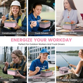 AERKINE Electric Lunch Box For Adults - Rechargeable 75W Self-Heating Food Warmer with 6.3 Cups(1.5L) Stainless Steel Container, Heated Lunch Box For Office, Picnic, Car & Outdoor Use(Pink)