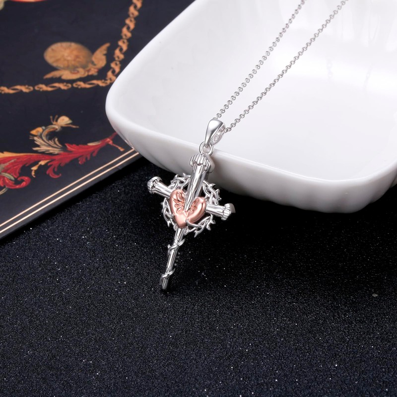 JZMSJF S925 Sterling Silver Cross Heart Pendant Necklace Jewelry Religious