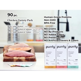 Purrly Low Calorie Premium Lickable Cat Treat Topper Healthy Chicken Variety Bundle (90 Count) Human-Grade Protein Sources with Functional Nutrients Wet Squeeze Creamy Purée Grain-Free Non-GMO