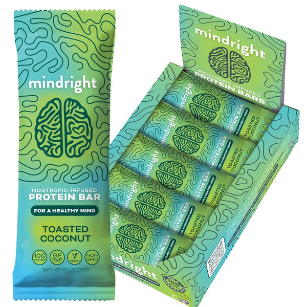 MINDRIGHT Superfood Vegan Protein Bars | Gluten Free Non-Gmo Low Sugar | All Natural Brain Food Healthy Snack To Help Enhance Mood, Energy & Focus (Toasted Coconut,12 Pack)
