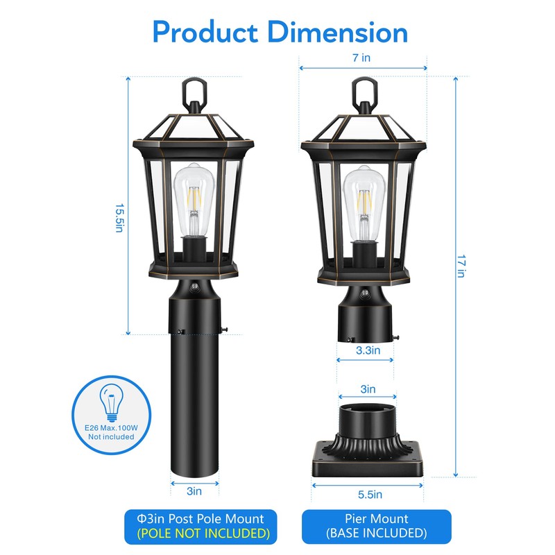 VIANIS Outdoor Post Lights Hardwired 120V, Dusk to Dawn Lamp