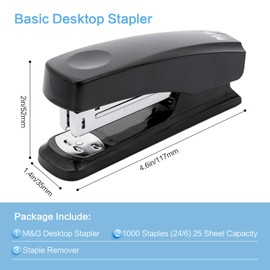 M&G Desktop Stapler Basic Stapler with 25 Sheet Capacity, Two Binding Modes, Portable Stapler with 1000 Staples and Remover, Durable Staplers for Office School Home (Black)