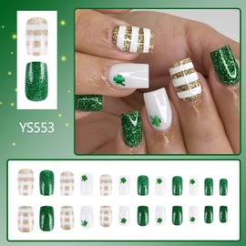 Four-leaf Clover French Fake Nails, 2025 St. Patrick's Day Four-leaf Clover False Nails,Striped Gold & White Press on Nails with Glue,Medium Long Fake Nails Glossy,Spring Long Lasting Full Cover Tip