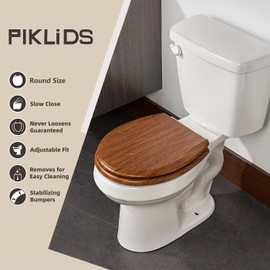 Toilet Seat, Slow Close, Premium Moulded Wood, Quick Release, Red Oak Look, PIKLiDS, Laminated Woodgrain Finish (Round)