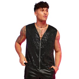 WDIRARA Men's Sequin Zipper Up Vest Fashion Solid Sleeveless V Neck Casual Jacket Black XL