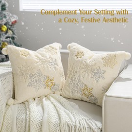 Lewondr Throw Pillow Cover, 18x18Inch Set of 2 Double-Sided Faux Fur Cozy Soft Decorative Pillow Cover with Plush Ball Luxury Embroidered Snowflakes Throw Pillow Case for Bed Home Living Room, Oatmeal